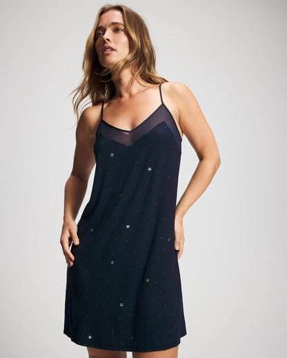 SILVER DEW DROP/NAVY Mesh Trim Chemise