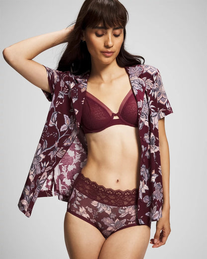 PAISLEY SPLENDOR PLUM Piped Short Sleeve Notch Collar Pajama Top