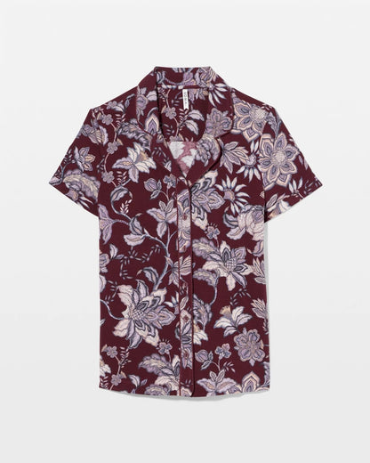 PAISLEY SPLENDOR PLUM Piped Short Sleeve Notch Collar Pajama Top