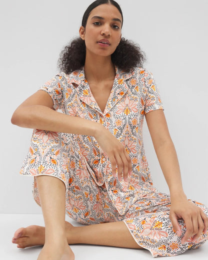VINE PAISLEY CHAMPAGNE M Piped Short Sleeve Notch Collar Pajama Top