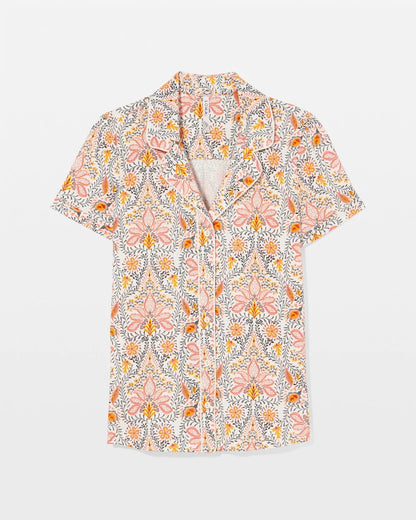 VINE PAISLEY CHAMPAGNE M Piped Short Sleeve Notch Collar Pajama Top