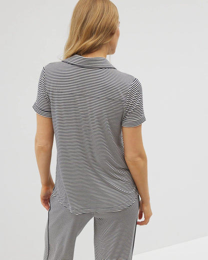 NIGHTCAP STRIPE NAVY Piped Short Sleeve Notch Collar Pajama Top