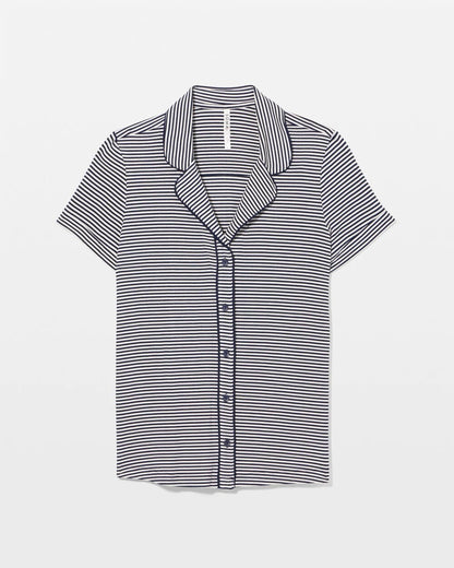 NIGHTCAP STRIPE NAVY Piped Short Sleeve Notch Collar Pajama Top