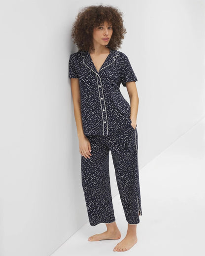 DOT OBSESSED NAVY Piped Short Sleeve Notch Collar Pajama Top