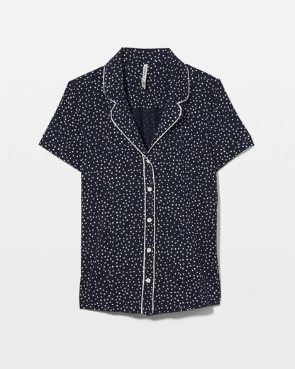 DOT OBSESSED NAVY Piped Short Sleeve Notch Collar Pajama Top