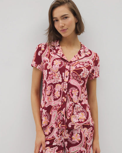 KASHMIR PAISLEY KISS Piped Short Sleeve Notch Collar Pajama Top