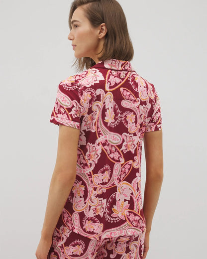 KASHMIR PAISLEY KISS Piped Short Sleeve Notch Collar Pajama Top