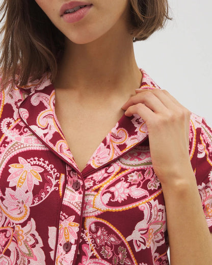 KASHMIR PAISLEY KISS Piped Short Sleeve Notch Collar Pajama Top