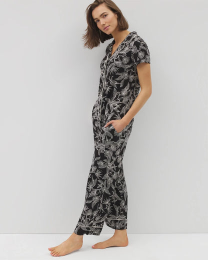 PLUMERIA BLOOMS BLK CH Piped Short Sleeve Notch Collar Pajama Top