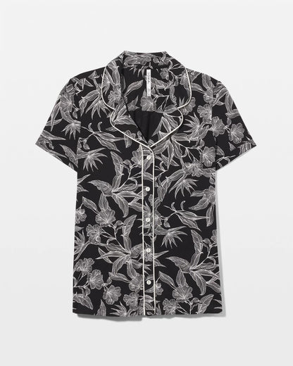 PLUMERIA BLOOMS BLK CH Piped Short Sleeve Notch Collar Pajama Top
