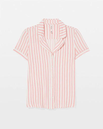 SUNNY STRIPES CHAMPAGNE Piped Short Sleeve Notch Collar Pajama Top