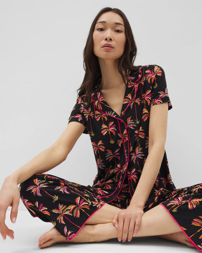 SHAKE YOUR PALM PALMS BLK Piped Short Sleeve Notch Collar Pajama Top