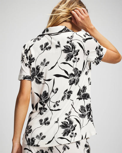 REFLECTION BLOOMS CHAMP Piped Short Sleeve Notch Collar Pajama Top