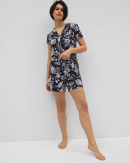 PLUMERIA DREAM NAVY Piped Short Sleeve Notch Collar Pajama Top