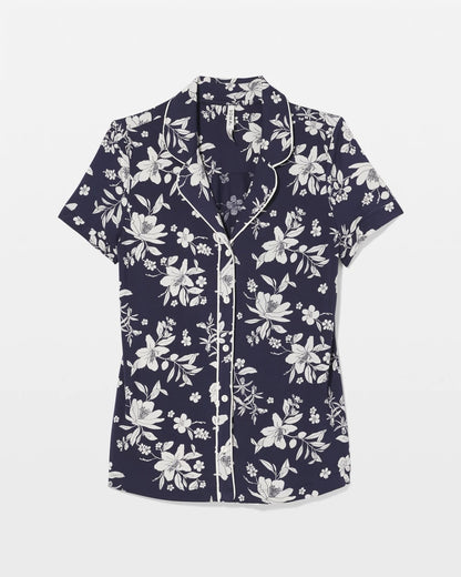 PLUMERIA DREAM NAVY Piped Short Sleeve Notch Collar Pajama Top