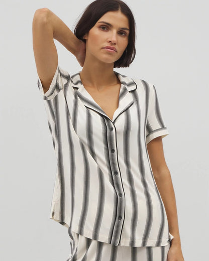 HAMPTON STRIPE BLACK Piped Short Sleeve Notch Collar Pajama Top