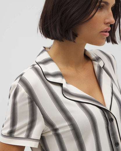 HAMPTON STRIPE BLACK Piped Short Sleeve Notch Collar Pajama Top