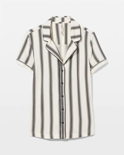 HAMPTON STRIPE BLACK Piped Short Sleeve Notch Collar Pajama Top