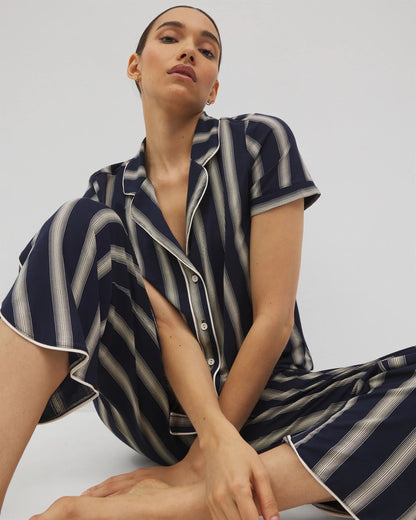 HAMPTON STRIPE NA CHAMP Piped Short Sleeve Notch Collar Pajama Top