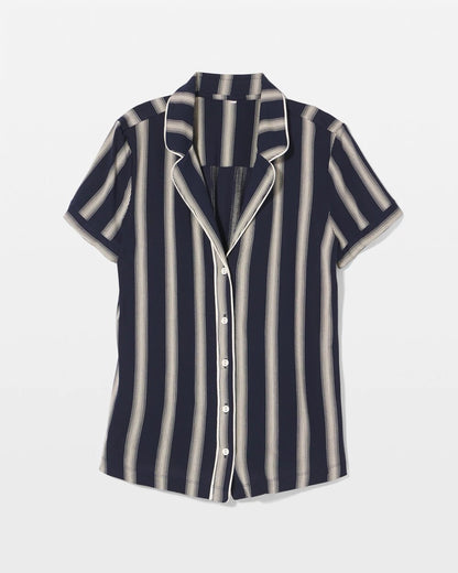 HAMPTON STRIPE NA CHAMP Piped Short Sleeve Notch Collar Pajama Top