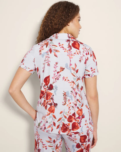 FORAGED FLORAL BLUE MIST Piped Short Sleeve Notch Collar Pajama Top