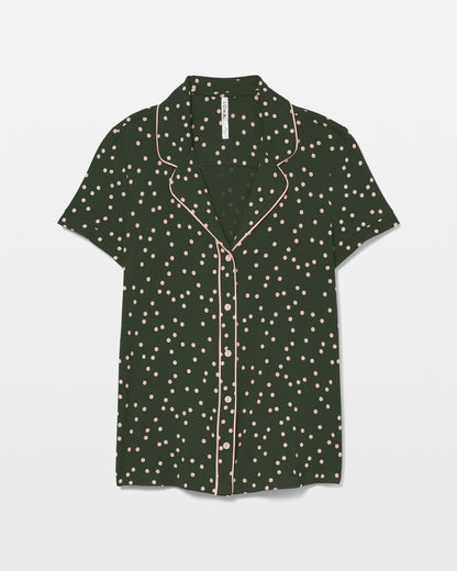 MERRY DOT LUSH EMERALD Piped Short Sleeve Notch Collar Pajama Top