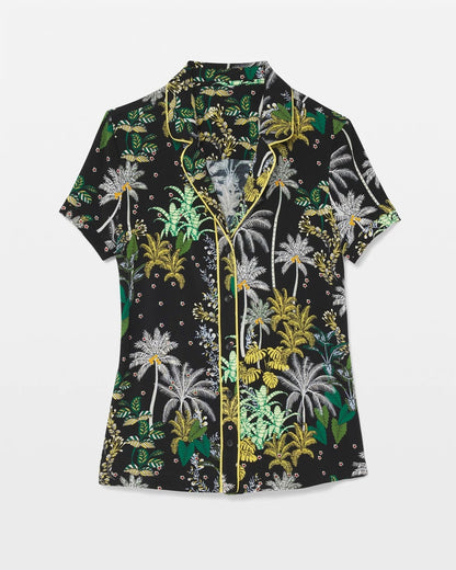 OASIS PALMS BLACK/WS Piped Short Sleeve Notch Collar Pajama Top