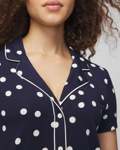 MERRY DOT G NAVY/IVORY Piped Short Sleeve Notch Collar Pajama Top