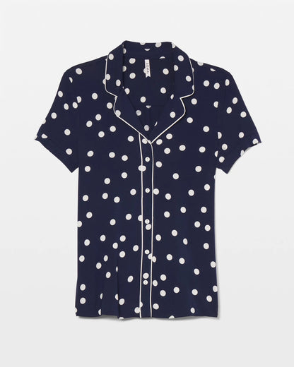 MERRY DOT G NAVY/IVORY Piped Short Sleeve Notch Collar Pajama Top