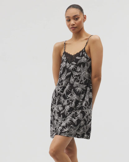 PLUMERIA BLOOMS BLK CH Lace Trim Chemise
