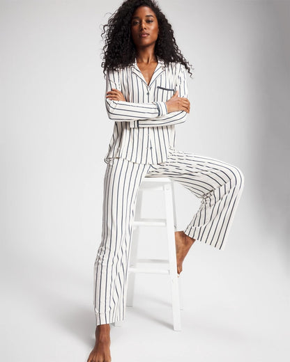 UNWIND STRIPE CHAMPAGNE Long-Sleeve Notch Collar Pajama Top