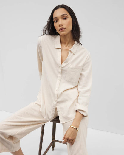 PALE SAND STRIPE Beach Cotton Long Sleeve Button-Up