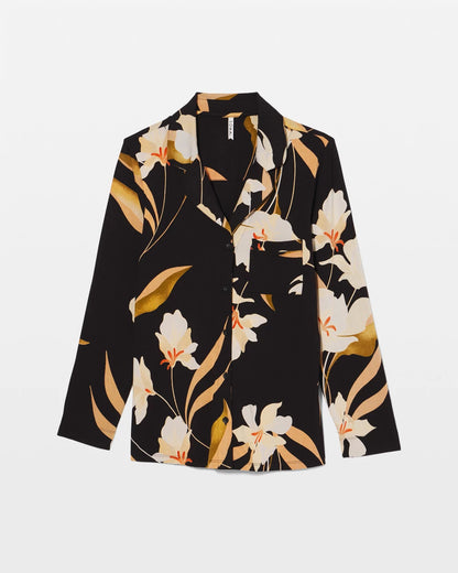MYSTIC BLOOMS BLACK MID Long-Sleeve Notch Collar Pajama Top