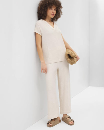 PARCHMENT Crinkle Knit Short Sleeve V-Neck Hoodie