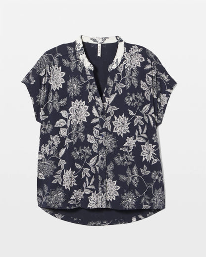 MEANDERING GARDEN NAVY Mandarin Collar Short Sleeve Pajama Top