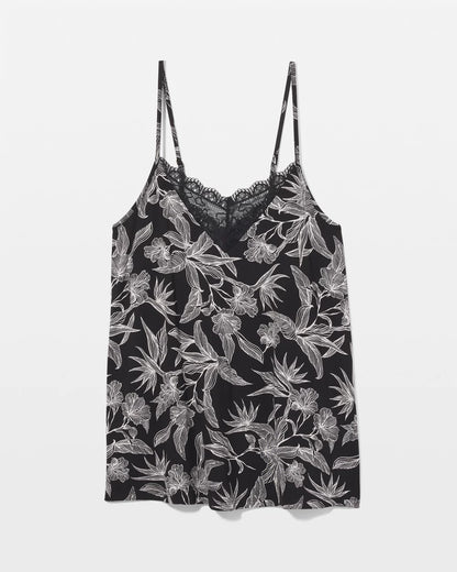 PLUMERIA BLOOMS BLK CH Lace Trim Pajama Cami