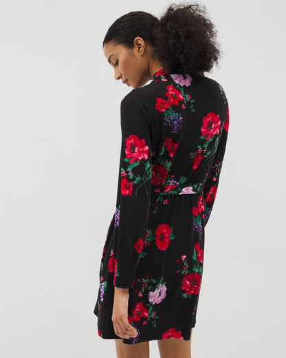 RHAPSODY FLORA BLACK Long-Sleeve Short Robe