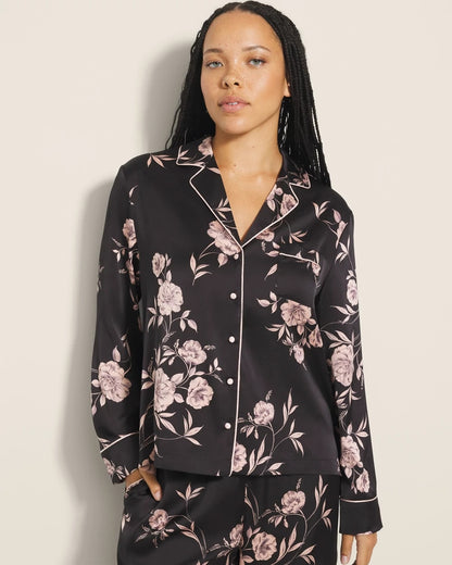 NOSTALGIA FLORA BLACK Long-Sleeve Notch Collar Pajama Top