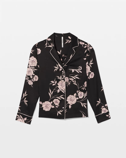 NOSTALGIA FLORA BLACK Long-Sleeve Notch Collar Pajama Top