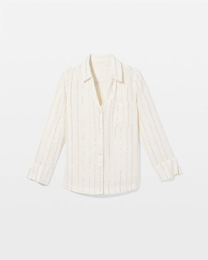 CHAMPAGNE STRIPE Cotton Gauze Long Sleeve Notch Collar Pajama Top