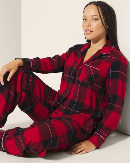 WRAPPED UP PLAID RED Super Soft Long-Sleeve Notch Collar Pajama Top