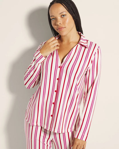SMART STRIPE CHAMPAGNE Long-Sleeve Notch Collar Pajama Top