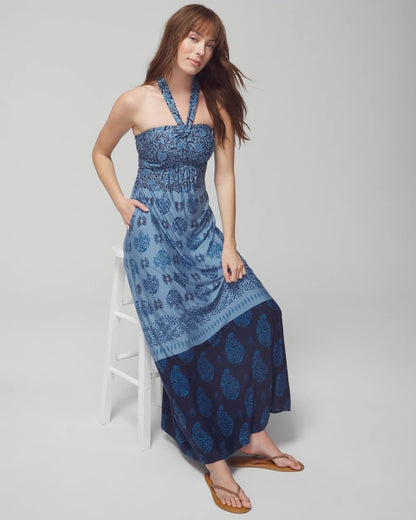 BELLA STAMP BORDER BLUE Halter Maxi Bra Dress