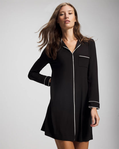 BLACK Piped Long-Sleeve Sleepshirt