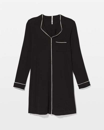 BLACK Piped Long-Sleeve Sleepshirt