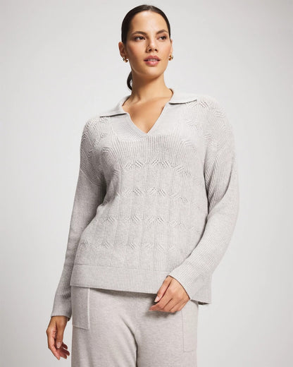 HEATHER STONE Premier Knit Cable Knit Collared Sweater