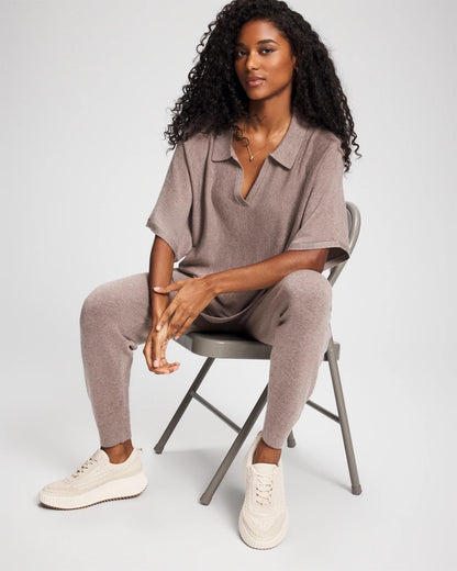 HEATHER FAWN Premier Knit Sweater Collared Top