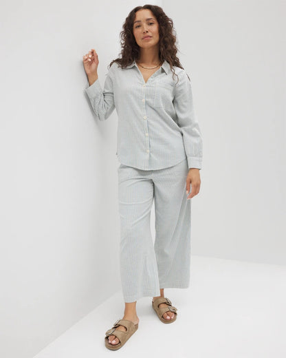 BLUE HEAVEN STRIPE Beach Cotton Long Sleeve Button-Up