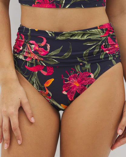 LE TIGRE TROPICAL NAVY Soma Swim Ruched High-Waist Bikini Bottom