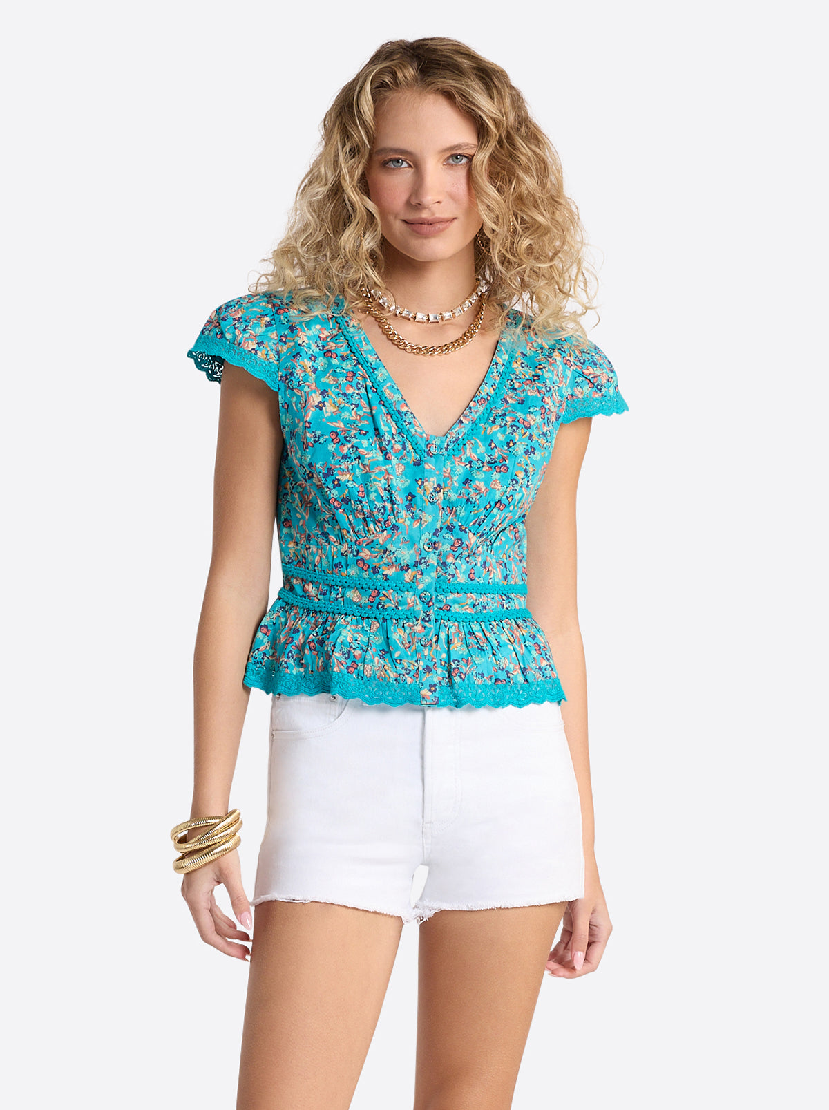 Alessia Blouse in Tile Blue Acrylic Ditsy - Jessica Simpson